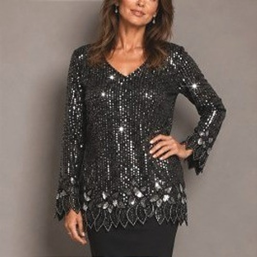 VTG Royal Feelings Black 1980s Sequin Beaded Floral Glam Cocktail Evening Top L